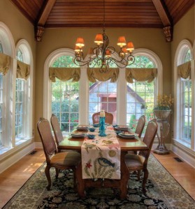 Architect Don Klinger designed a dining room that captures the architectural details of the colonial era, plus provides the feeling of being one with nature.  