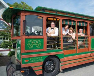 Now you can see Columbia via the RiverTowne Trolley Company. Aboard the trolley is conductor/owner Andre Underhill, tour guide Paul Fahringer, owner Kelly Underhill, and Columbia History Preservation Society Director Chris Vera. For details, visit parivertowns.org. 