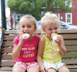 The benches on the square in Strasburg are filled with ice cream lovers that are drawn to the Strasburg Creamery during the warm weather months. 